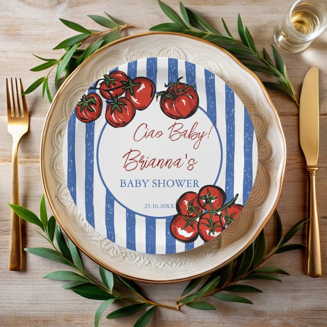 Ciao baby tomato blue stripes Italian baby shower Pappteller (Ciao baby cherry tomato blue stripes Italian farmers market baby shower personalized Paper Plates)