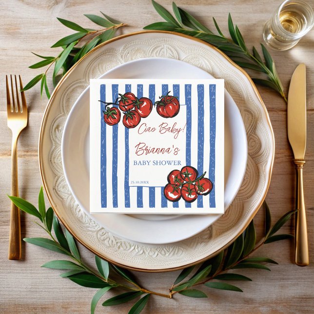 Ciao baby tomato blue stripes Italian baby shower Serviette (Ciao baby cherry tomato blue stripes Italian farmers market baby shower personalized printed Napkins)