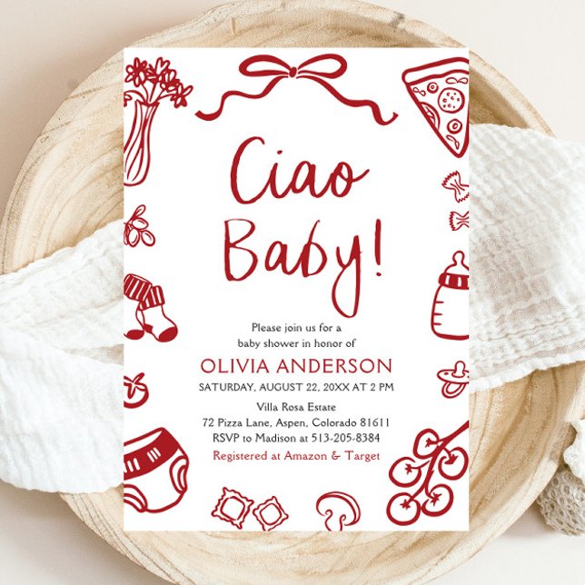Ciao Baby Whimsical Italienische Pizza Niedlich Ba Einladung (Watercolor Ciao Baby Whimsical Italian Pizza Cute Baby Shower Invitation)