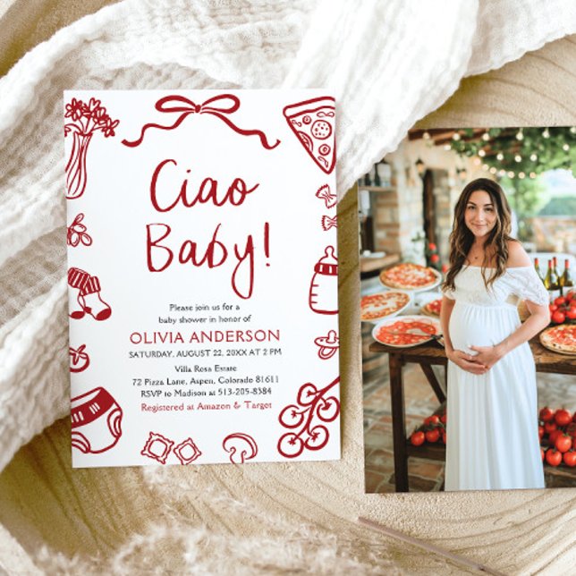 Ciao Baby Whimsical Italienische Pizza Niedlich Ba Einladung (Watercolor Ciao Baby Whimsical Italian Pizza Cute Baby Shower Invitation)