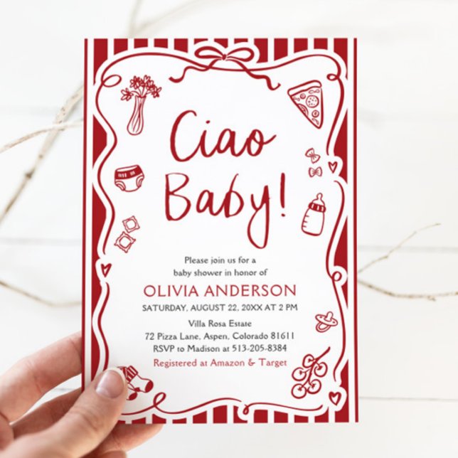 Ciao Baby Whimsical Italienische Pizza Niedlich Ba Einladung (Watercolor Ciao Baby Whimsical Italian Pizza Cute Baby Shower Invitation)