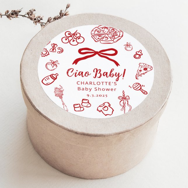Ciao Baby Whimsical Red Bow Baby Shower Runder Aufkleber (Von Creator hochgeladen)