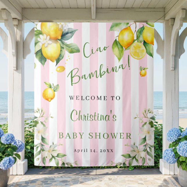 Ciao Bambina Baby Shower Pink Lemons Backdrop Wandteppich (Cuao Bambina Baby shower Pink Stripe and citrus lemon backdrop)