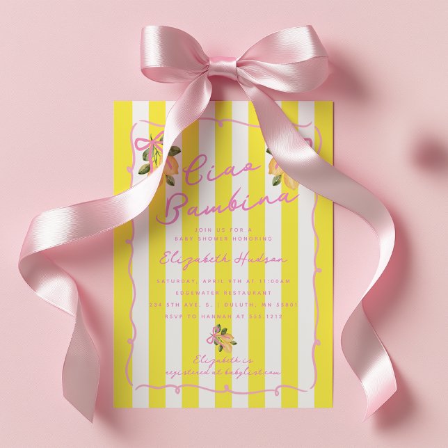 Ciao Bambina Gelbe Streifen Zitronen-Baby-Party Einladung (Ciao Bambina baby shower invite Lemon garden baby shower invite)