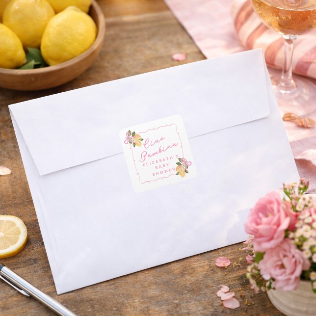 Ciao Bambina Pink Ribbon Yellow Lemon Baby Shower Quadratischer Aufkleber (Ciao Bambina Pink Ribbon Yellow Lemon Baby Shower Square Sticker)