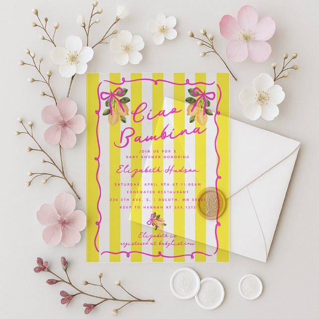Ciao Bambina Yellow Stripes Baby Shower Acrylic Acryleinladungen (Ciao Bambina Yellow Stripes Baby Shower Acrylic Invitations)
