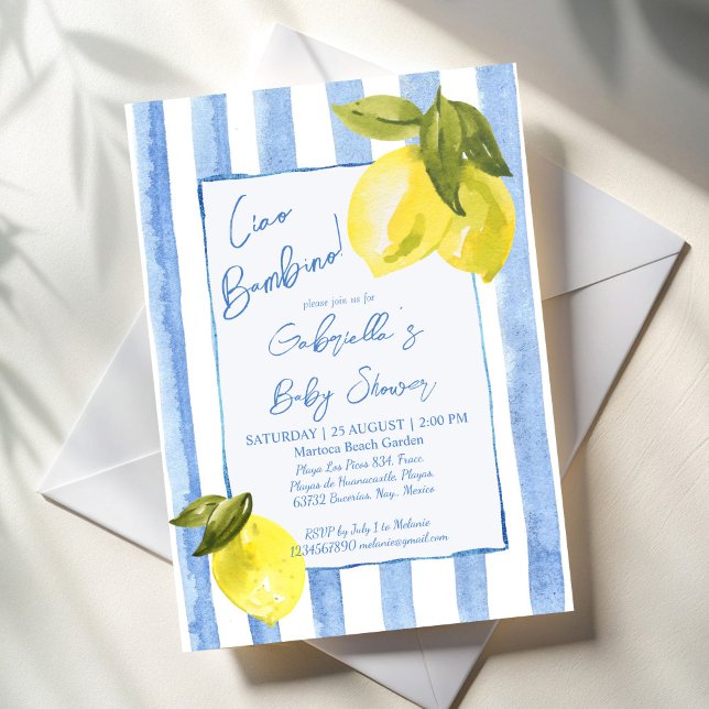 Ciao Bambino blaue Streifen Zitronen Babydusche Einladung (Ciao Bambino handrawn blue stripes lemons Italian baby shower Invitation cards template)