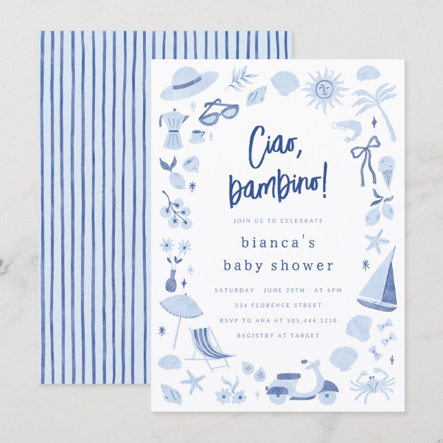 Ciao Bambino Italian Blue Boy Baby Shower Einladung (Vorne/Hinten)
