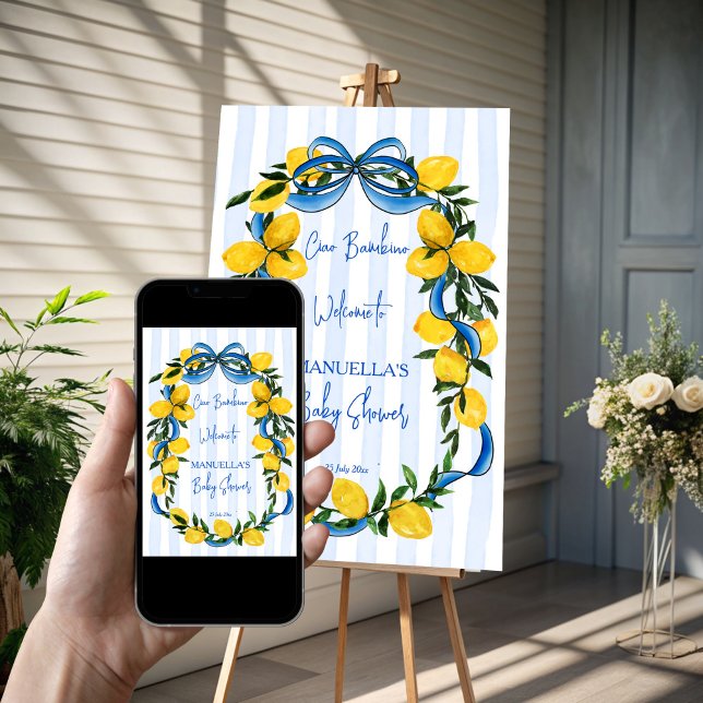 Ciao bambino Italienische Babydusche Begrüßungszei Poster (Ciao bambino lemons blue stripes ribbon Italian baby shower welcome sign poster template)