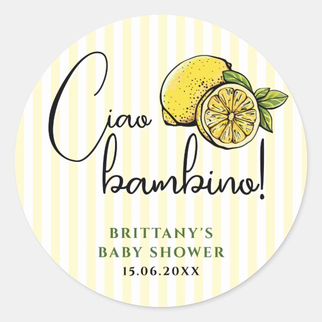 Ciao Bambino Lemon Italienische Summer Baby Dusche Runder Aufkleber (Vorderseite)