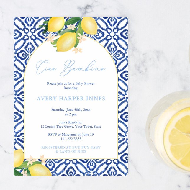Ciao Bambino Lemons Arch Boy Baby Dusche Party Einladung (Ciao Bambino Italian inspired lemons baby shower invitation to welcome a little boy. )