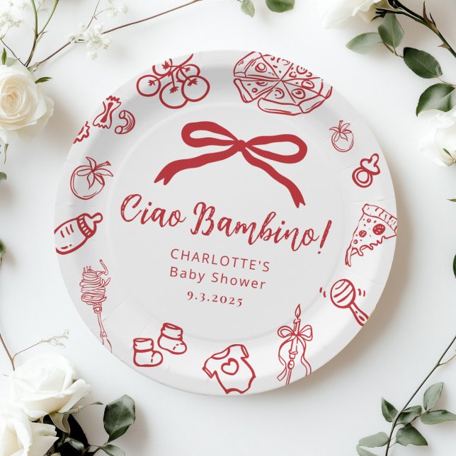Ciao Bambino Pizza Whimsical Bow Baby Shower Pappteller (Von Creator hochgeladen)