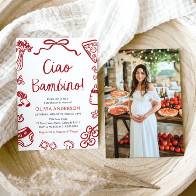Ciao Bambino Whimsical Italienische Pizza Baby Dus Einladung (Watercolor Ciao Bambino Whimsical Italian Pizza Baby Shower Invitation)