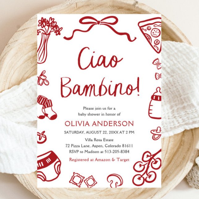 Ciao Bambino Whimsical Italienische Pizza Baby Dus Einladung (Watercolor Ciao Bambino Whimsical Italian Pizza Baby Shower Invitation)