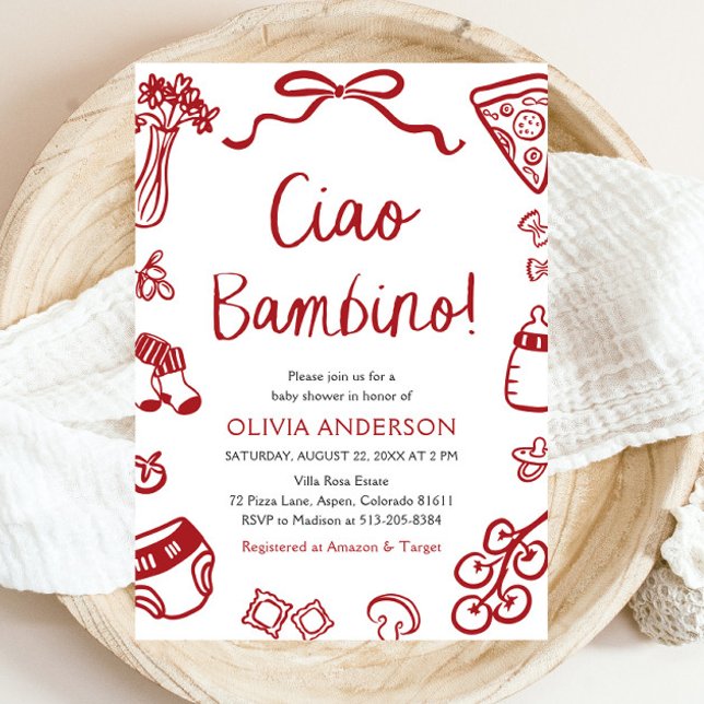Ciao Bambino Whimsical Italienische Pizza Baby Dus Einladung (Watercolor Ciao Bambino Whimsical Italian Pizza Baby Shower Invitation)