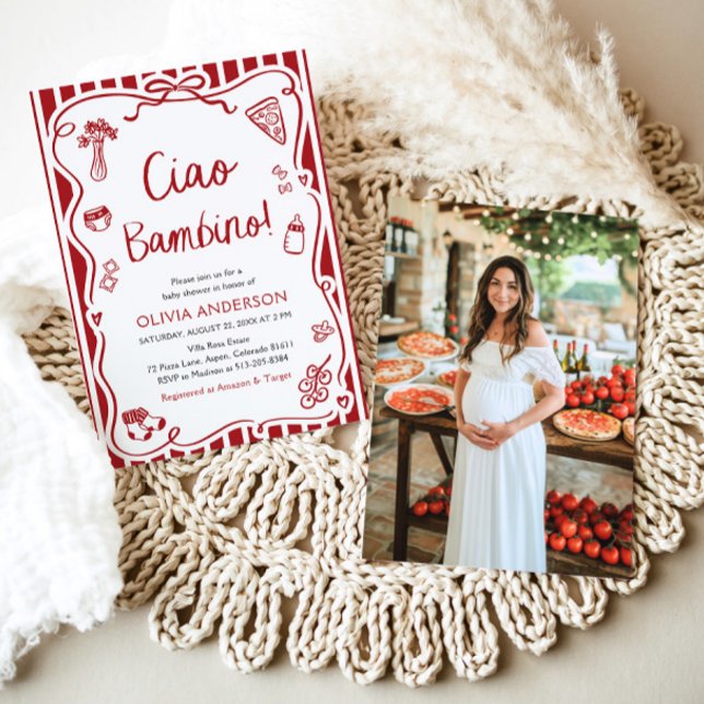 Ciao Bambino Whimsical Italienische Pizza Baby Dus Einladung (Watercolor Ciao Bambino Whimsical Italian Pizza Baby Shower Invitation)