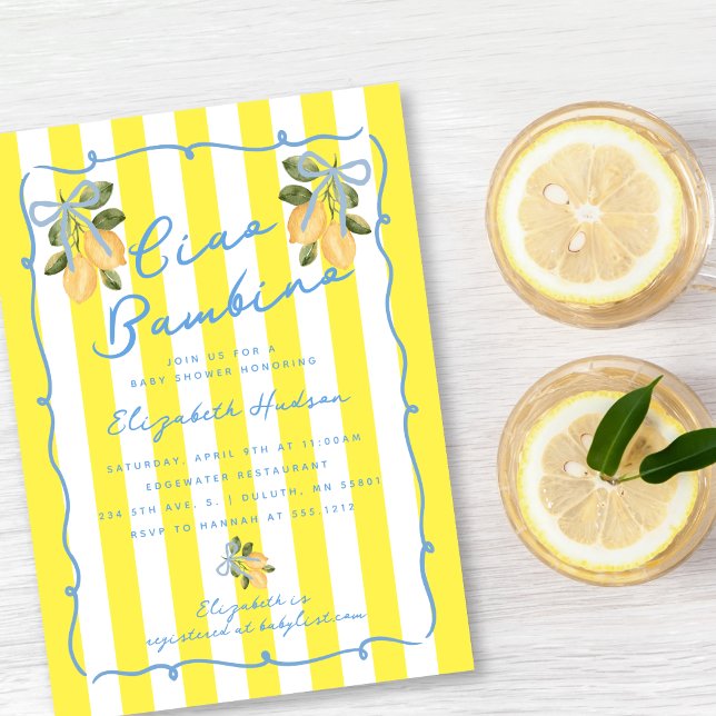 Ciao Bambino Yellow Stripe Blue Lemon Baby Shower Einladung (Ciao Bambino Yellow Stripe Blue Lemon Baby Shower Invitation)