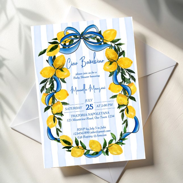 Ciao Bambino Zitronen blau Bogen Italienische Baby Einladung (Ciao bambino lemons blue bow stripped Italian baby shower Invitation cards template)