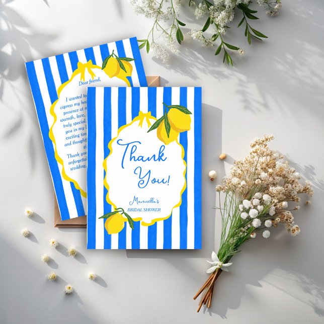 Ciao bella blue stripes lemons Brautparty Dankeskarte (Ciao bella blue stripes lemons wavy border Italian bridal shower thank you cards)