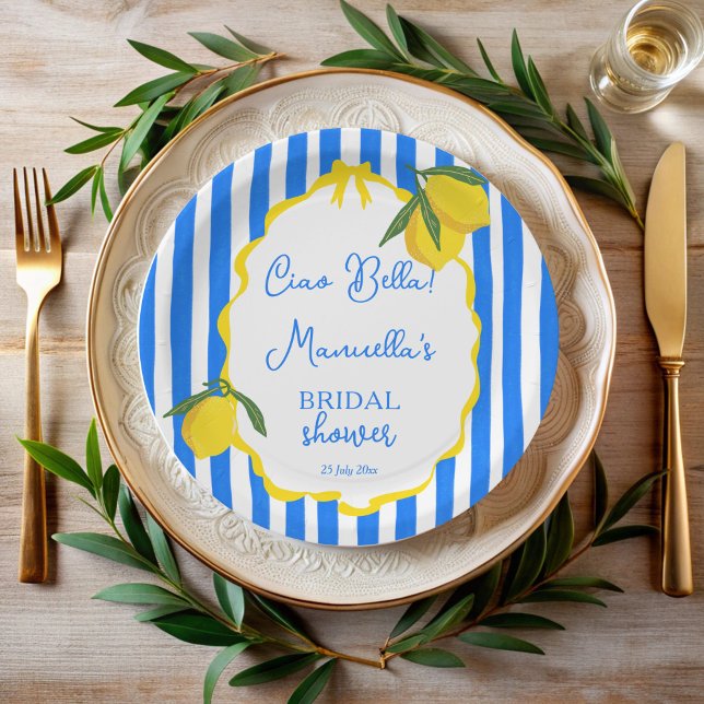 Ciao bella blue stripes lemons Brautparty Pappteller (Ciao bella blue stripes lemons wavy border dolce vita Italian bridal shower monogrammed paper plates)