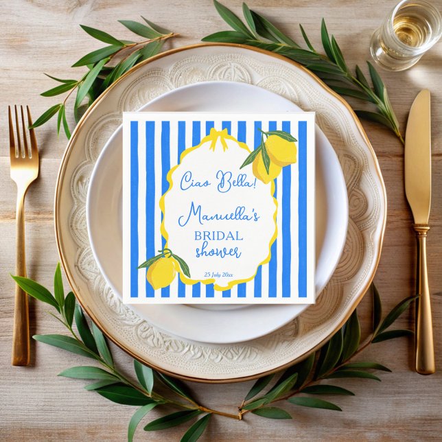 Ciao bella blue stripes lemons Brautparty Serviette (Ciao bella blue stripes wavy border lemons Italian bridal shower monogrammed printed napkins)