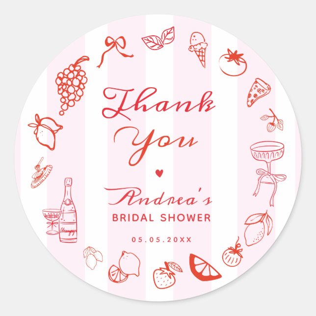 Ciao Bella Hand Drawn Bridal Shower Thank You Runder Aufkleber (Vorderseite)