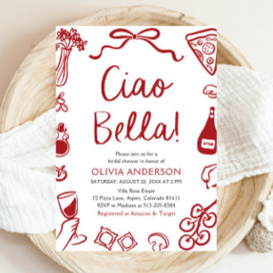 Ciao Bella Hand Drawn Italienisches Pizza Brautpar Einladung