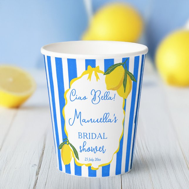 Ciao Bella lemons italienisches Brautparty Pappbecher (Ciao Bella lemons blue stripes wavy border Italian bridal shower monogrammed Paper Cups)