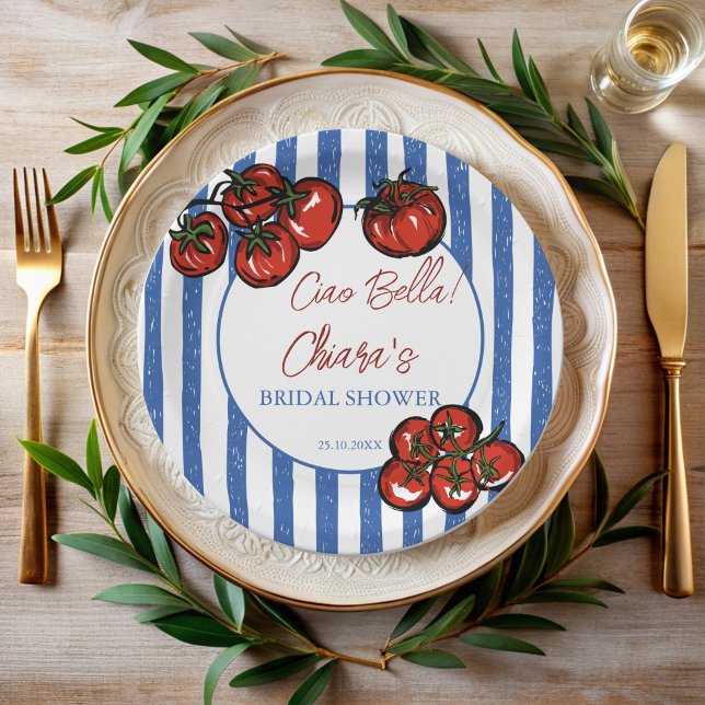 Ciao bella Tomatenstreifen Italienische Brautparty Pappteller (Ciao bella tomato blue stripes Italian pasta farmers market  bridal shower personalized Paper Plates)
