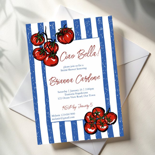 Ciao bella tomato blue Italian bridal shower Einladung (Ciao bella tomato blue stripes Italian bridal shower Invitation cards template retro farmers market)