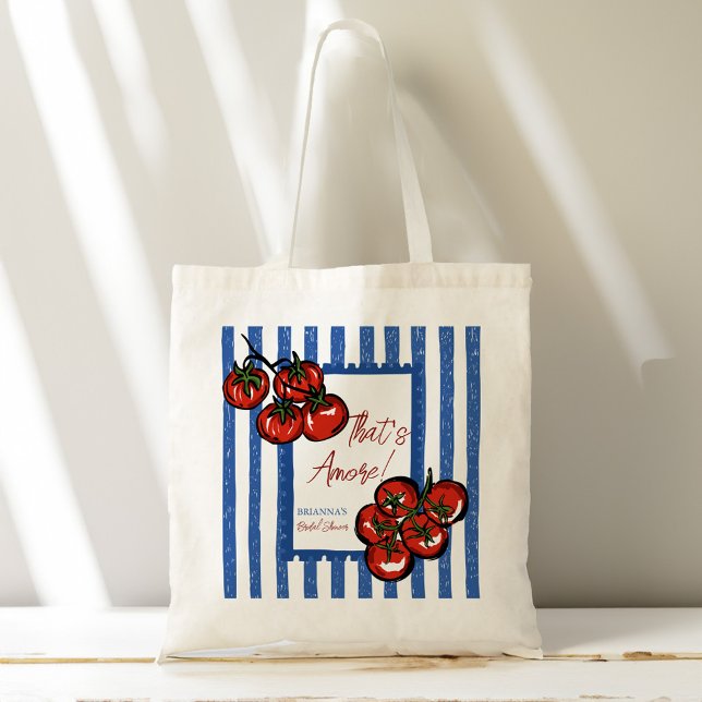 Ciao bella tomato Italian bridal shower favor gift Tragetasche (Ciao bella that's amore tomato blue stripes Italian bridal shower favor gifts personalized Tote Bag)