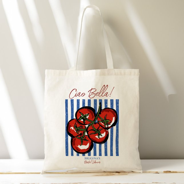 Ciao bella tomato Italian bridal shower favor gift Tragetasche (Ciao bella tomatoes blue stripes Italian bridal shower favors personalized Tote Bag bridesmaid gifts)