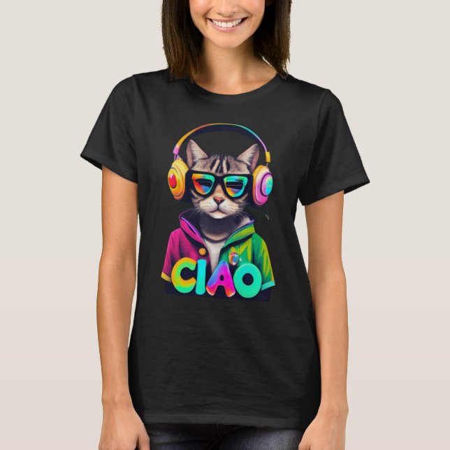 CIAO Coole KI-Katze mit Kopfhörern T-Shirt (Vorderseite)
