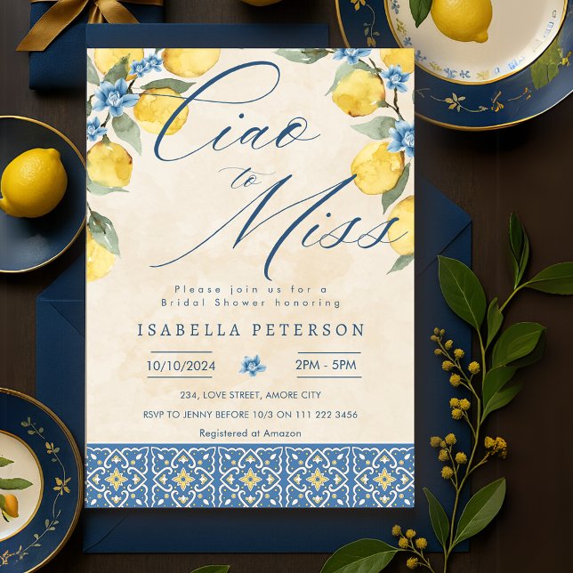 Ciao to Miss Italienisch Blue Tiles Brautparty Einladung (Ciao to Miss Italian Blue Tiles Bridal Shower Invitation)