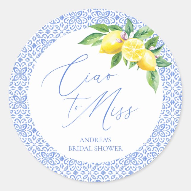 Ciao to Miss Lemon Italian Blue Tile Bridal Shower Runder Aufkleber (Vorderseite)