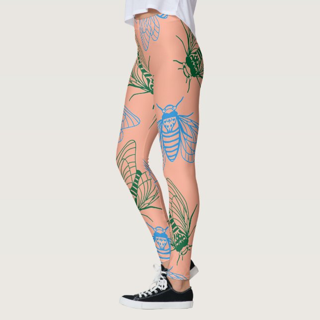 Cicada Botanical Illustration Pattern Coral Pink Leggings (Links)