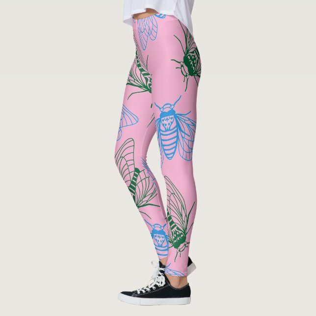 Cicada Botanical Illustration Pattern Pink Leggings (Links)