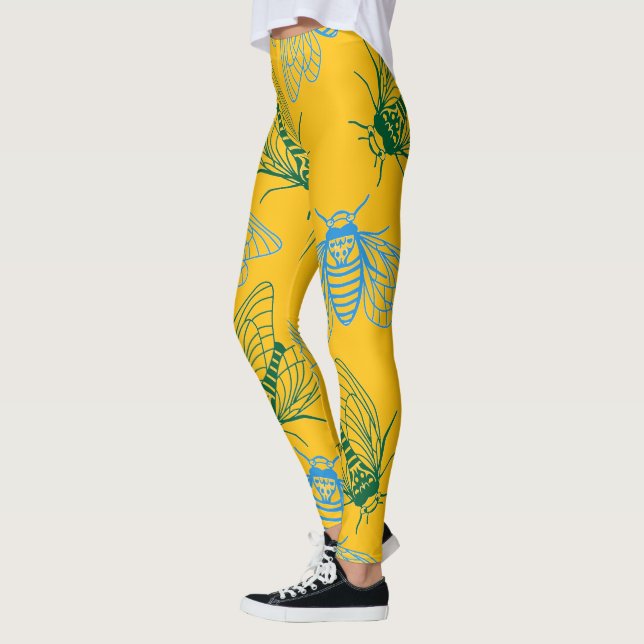Cicada Botanical Illustration Pattern Yellow Leggings (Links)