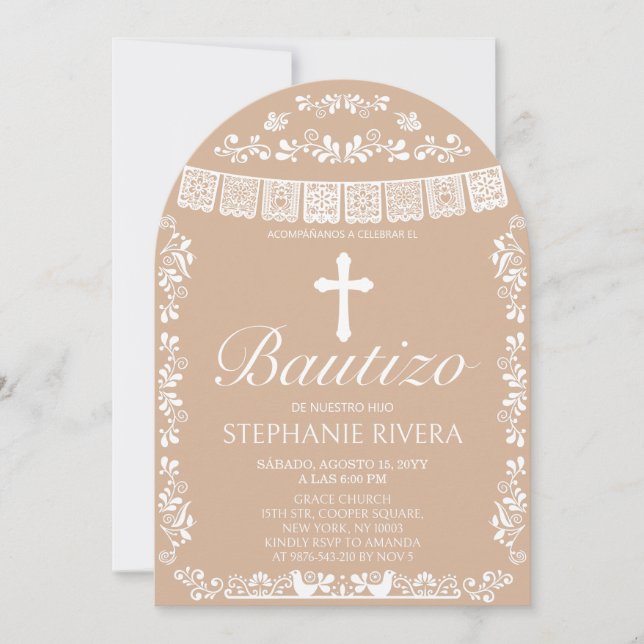 Cielito Lindo Beige Bautizo Bogen Einladung (Vorderseite)