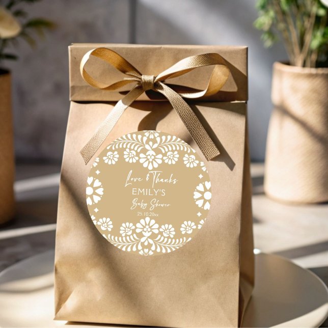 Cielito lindo beige mexikanische Babydusche Runder Aufkleber (Cielito lindo beige Mexican fiesta papel picado baby shower thank you favor Stickers printed sticker)