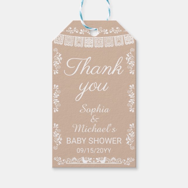 Cielito Lindo Beige Papel Picado Baby Shower Geschenkanhänger (Vorderseite)
