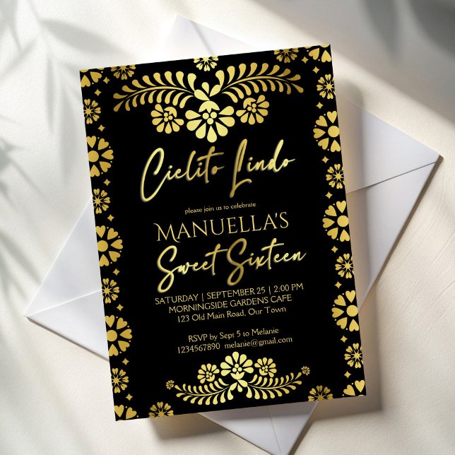 Cielito lindo black gold Mexican sweet 16 birthday Einladung (Cielito lindo black and gold Mexican sweet 16 birthday party Invitation cards template)