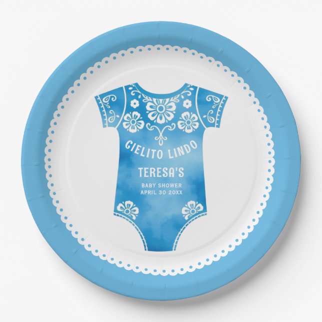 Cielito Lindo Blue Bodysuit Babydusche Pappteller (Vorderseite)