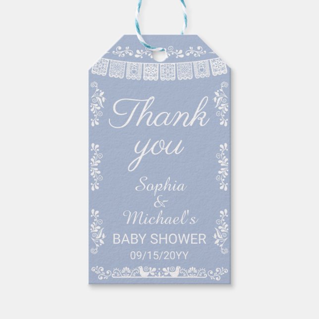 Cielito Lindo Blue Papel Picado Baby Shower Geschenkanhänger (Vorderseite)