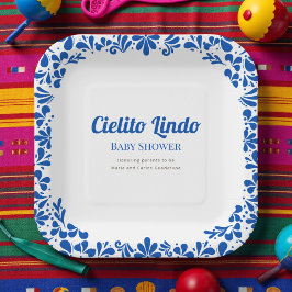 Cielito Lindo Blue Talavera Floral Baby Shower Pappteller