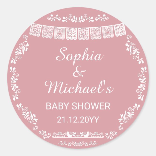 Cielito Lindo Blush Pink Papel Picado Baby Shower Runder Aufkleber (Vorderseite)