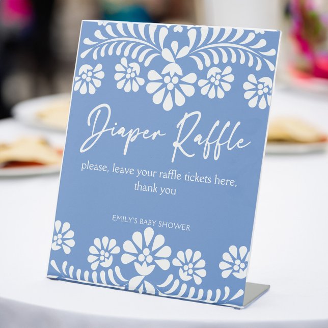 Cielito lindo Duschblau-Babydusche-Windel-Tombola Sockelschild (Cielito lindo dusty blue Mexican baby shower diaper raffle pedestal sign personalized table signs)