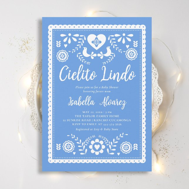 Cielito Lindo Mexican Picado Heart Baby Shower Einladung (cielito lindo baby shower invitation mexican papel picado heart blue rancho fiesta elegant classy)