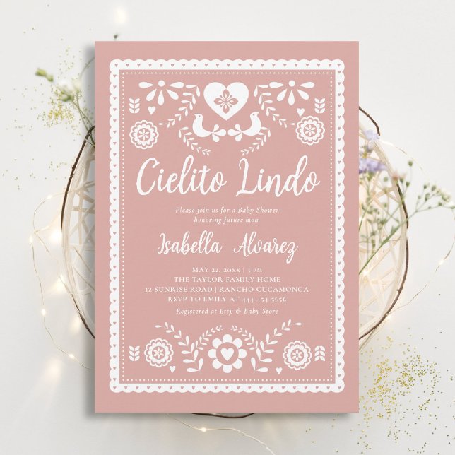 Cielito Lindo Mexican Picado Pink Baby Shower Einladung (cielito lindo baby shower invitation mexican papel picado heart pink rancho fiesta elegant classy)