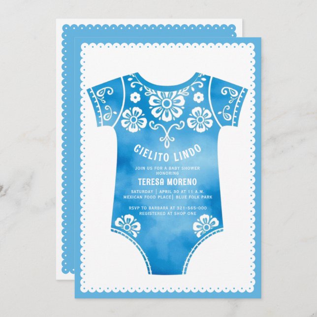Cielito Lindo niedliche blaue Bodysuit Babydusche Einladung (Vorne/Hinten)